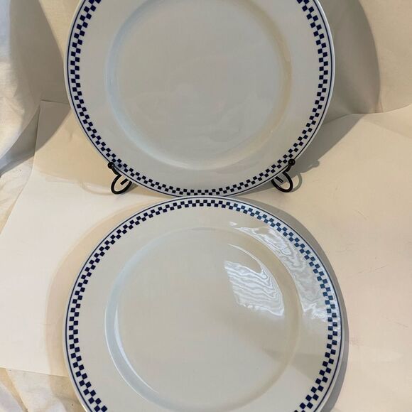 Tognana Blue Check Dinner Plate 10.9" White Italian Porcelain Geometric 2 Pieces - Picture 3 of 7